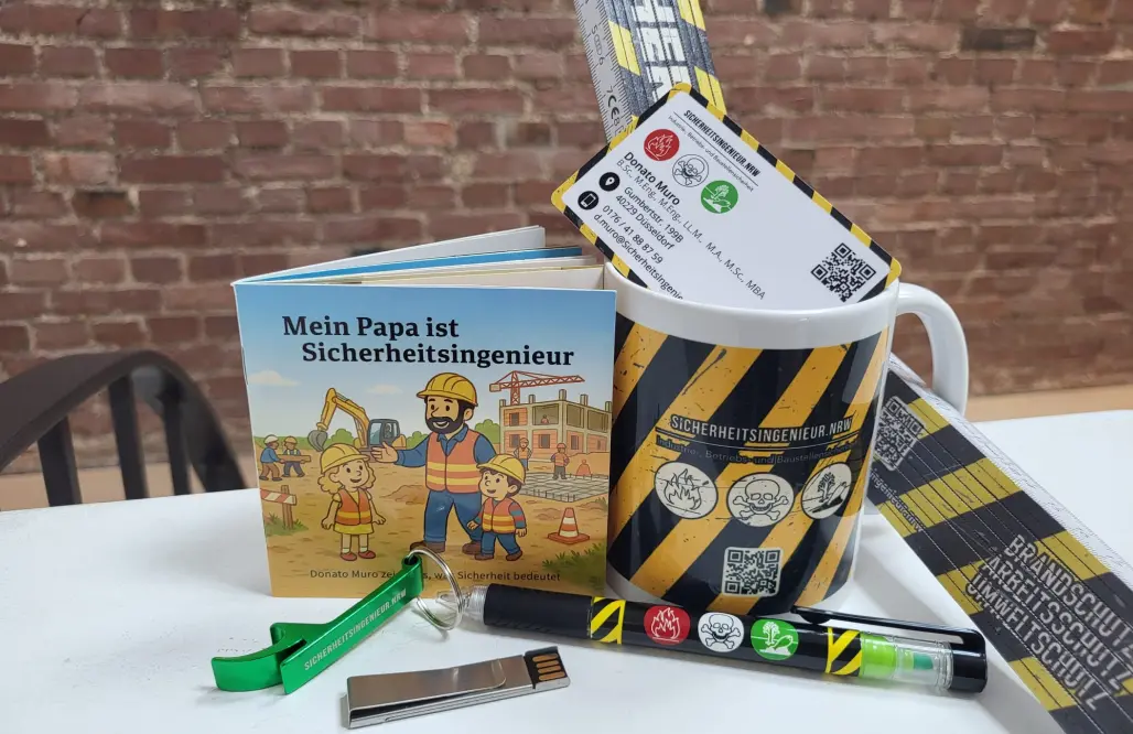 Das Starter-Set von Sicherheitsingenieur.NRW - Tasse, Zollstock, Flaschenöffner, Marker und Kinderbuch