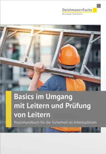 Das Buch-Cover Basics im Umgang mit Leitern, auf dem ein Arbeiter mit Schutzhelm eine Leiter auf der Schulter trägt