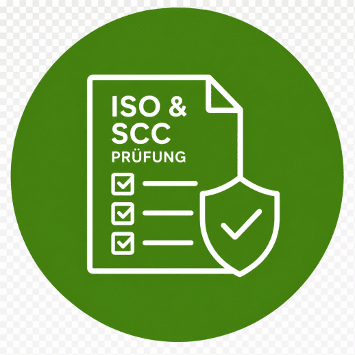 Ein dunkelgrünes Icon, das ISO und SCC darstellen soll