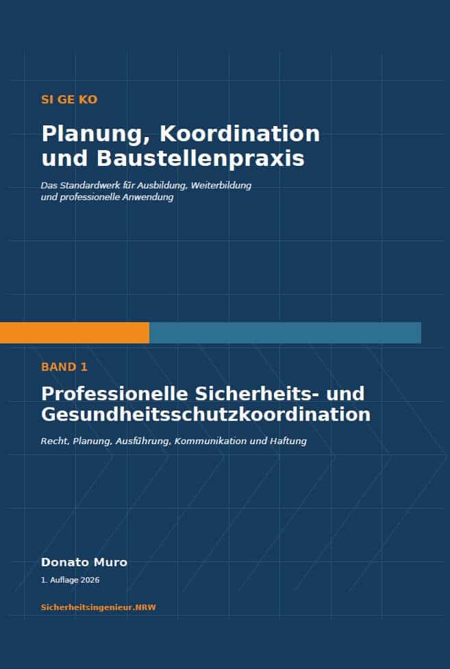 Tap to view details: German book cover titled 'Planung, Koordination und Bausteinpraxis' with subtitle and 'Band 1' on a dark blue grid background; author Donato Muro, 1st edition 2026.
