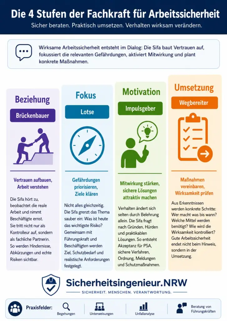 Infografik zu vier Stufen der Arbeitssicherheit: Beziehung, Fokus, Motivation, Umsetzung.