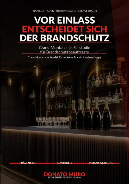 Crans Montana als Lernfall Poster cover for a fire-protection guide for officers. Title: 'Vor Einlass entscheidet sich der Brandschutz'; subtitle mentions Crans-Montana as a case study; bar scene with bottles and glasses, Donato Muro logo at bottom.
