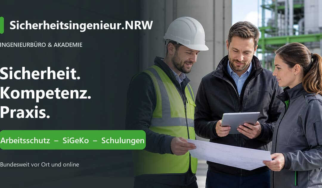 Drei Fachleute für Arbeitsschutz, SiGeKo und Schulungen von Sicherheitsingenieur.NRW