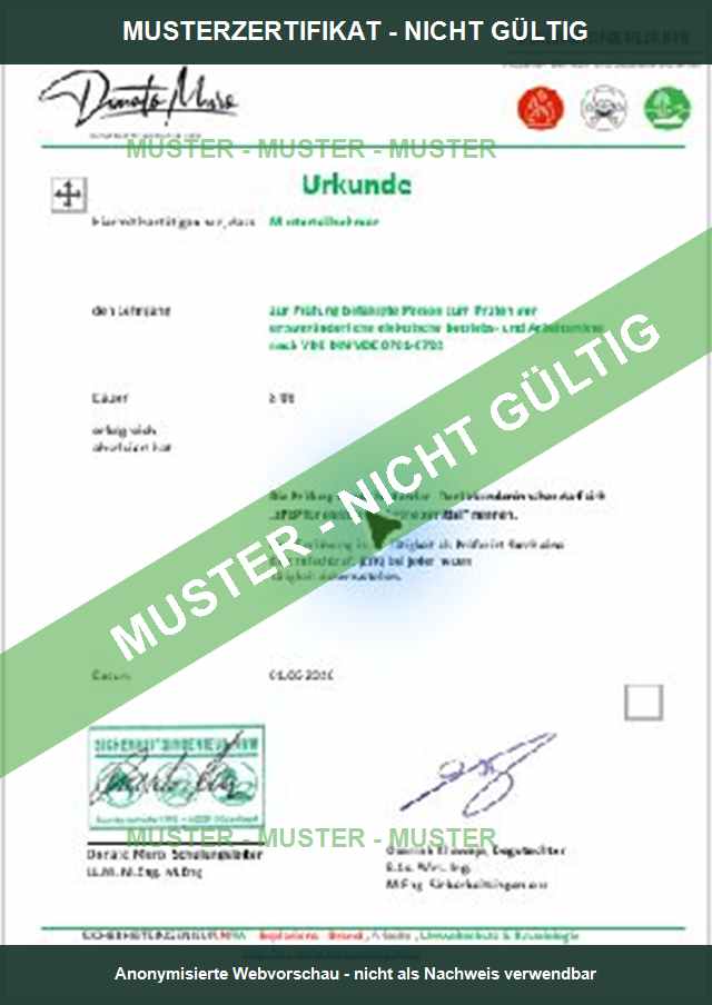 Geschützte Beispielurkunde befähigte Person für elektrische Betriebsmittel