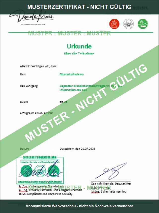 Geschützte Musterurkunde der Ausbildung zum Brandschutzbeauftragten