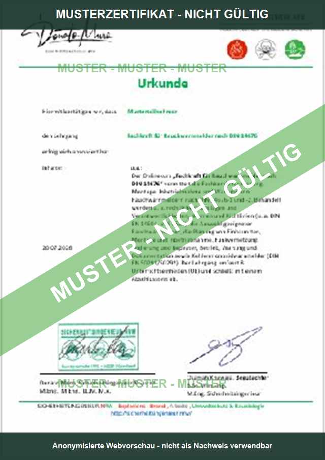 Geschützte Musterurkunde Fachkraft für Rauchwarnmelder nach DIN 14676