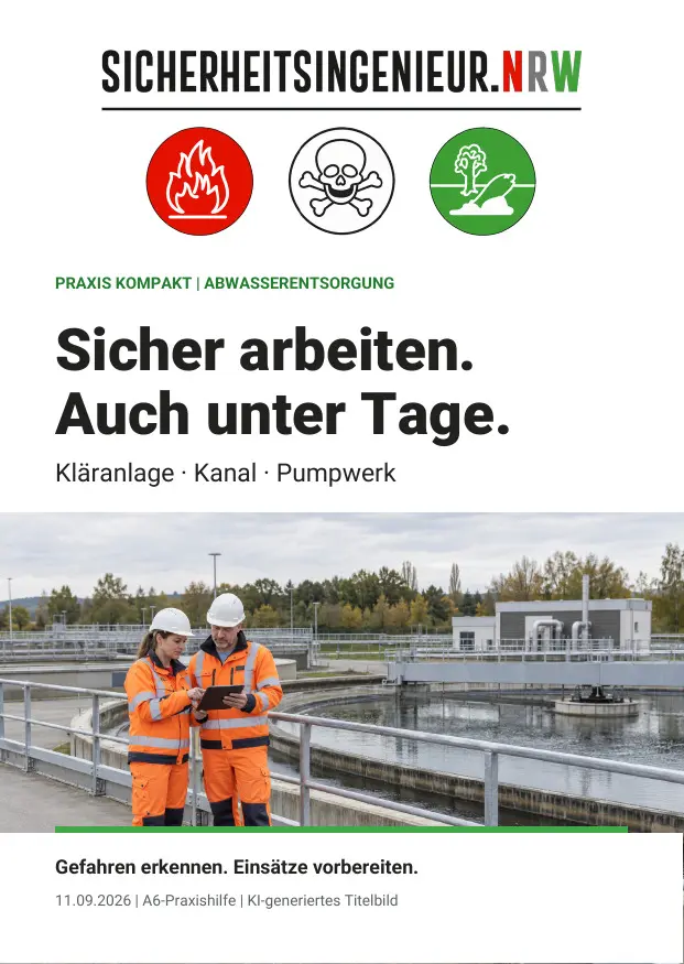 Abwasserentsorgung_A6_Titel_WEB Ein Mitarbeiter auf einer Leiter - ein Thema für den Arbeitsschutz nach DGUV Regeln