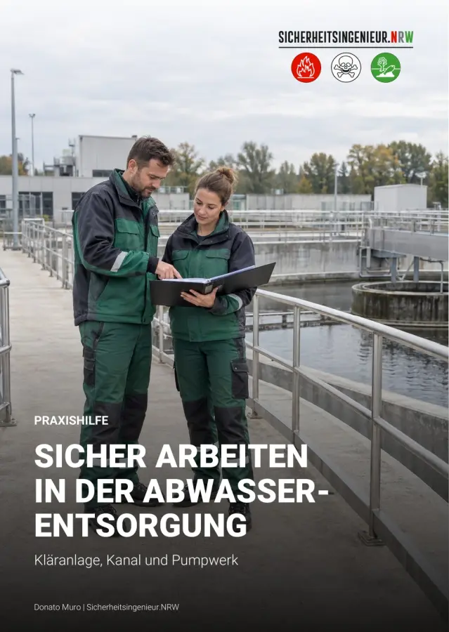 SINRW_08_abwasser_V4_Titel_WEB-s Ein Mitarbeiter auf einer Leiter - ein Thema für den Arbeitsschutz nach DGUV Regeln