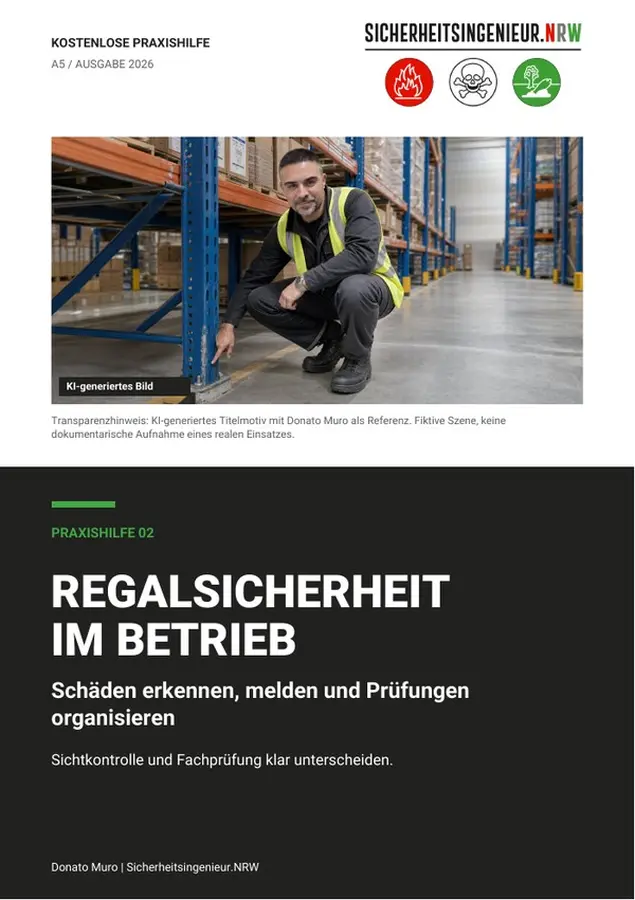 SINRW_A5_Regalsicherheit_im_Betrieb_2026-09-08_V3_WEB_Titelblatt-s Ein Mitarbeiter auf einer Leiter - ein Thema für den Arbeitsschutz nach DGUV Regeln