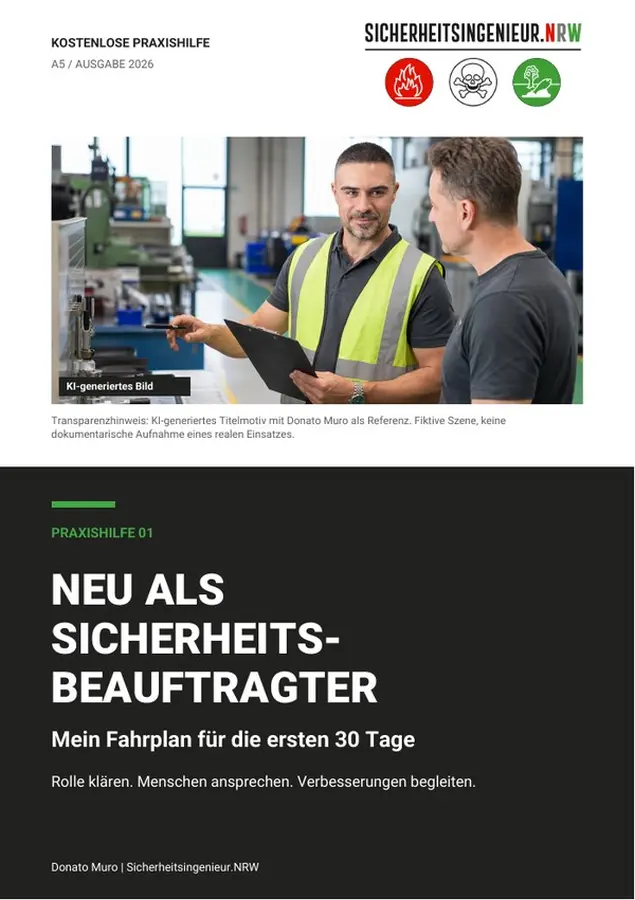 SINRW_A5_SiBe_Erste_30_Tage_2026-09-08_V3_WEB_Titelblatt-s Cover der Praxishilfe von Sicherheitsingenieur.NRW