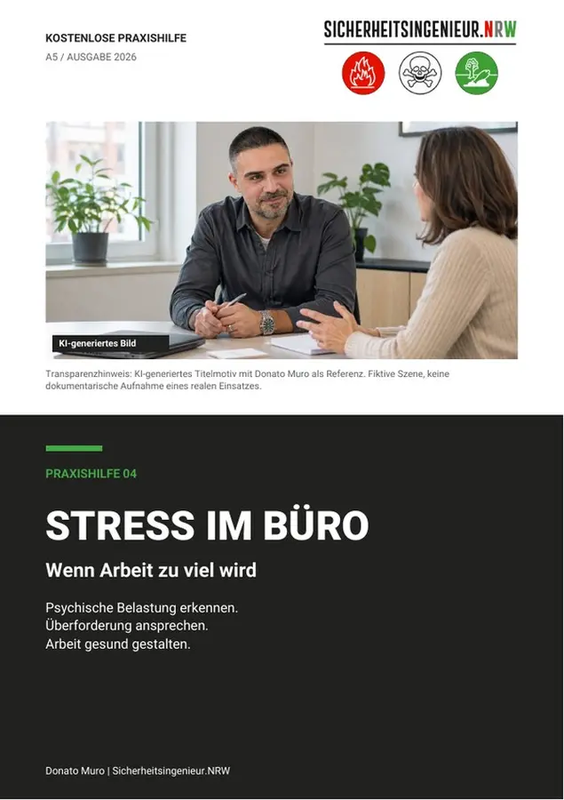 SINRW_A5_Stress_im_Buero_Psyche_2026-09-08_V3_WEB_Titelblatt-s Ein Mitarbeiter auf einer Leiter - ein Thema für den Arbeitsschutz nach DGUV Regeln